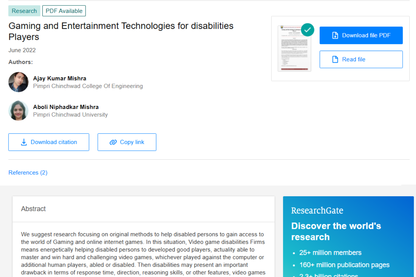 Gaming and Entertainment Technologies for disabilities Players - Aboli Niphadkar Research Paper