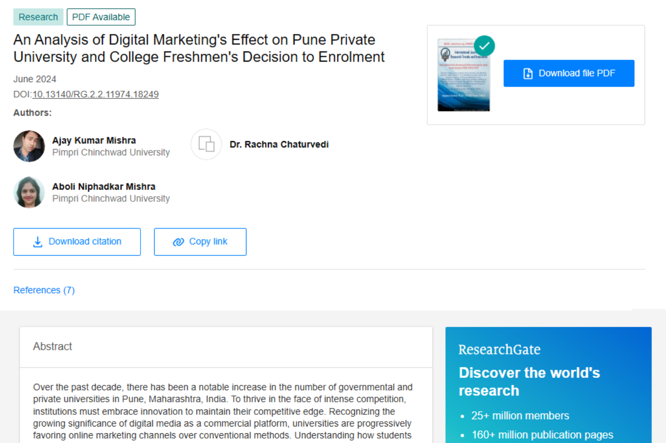 An Analysis of Digital Marketing's Effect on Pune Private University and College Freshmen's Decision to Enrolment June 2024